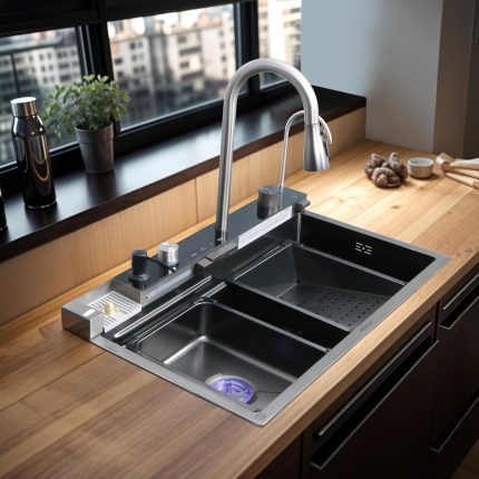 Piano Black Smart Waterfall Kitchen Sink